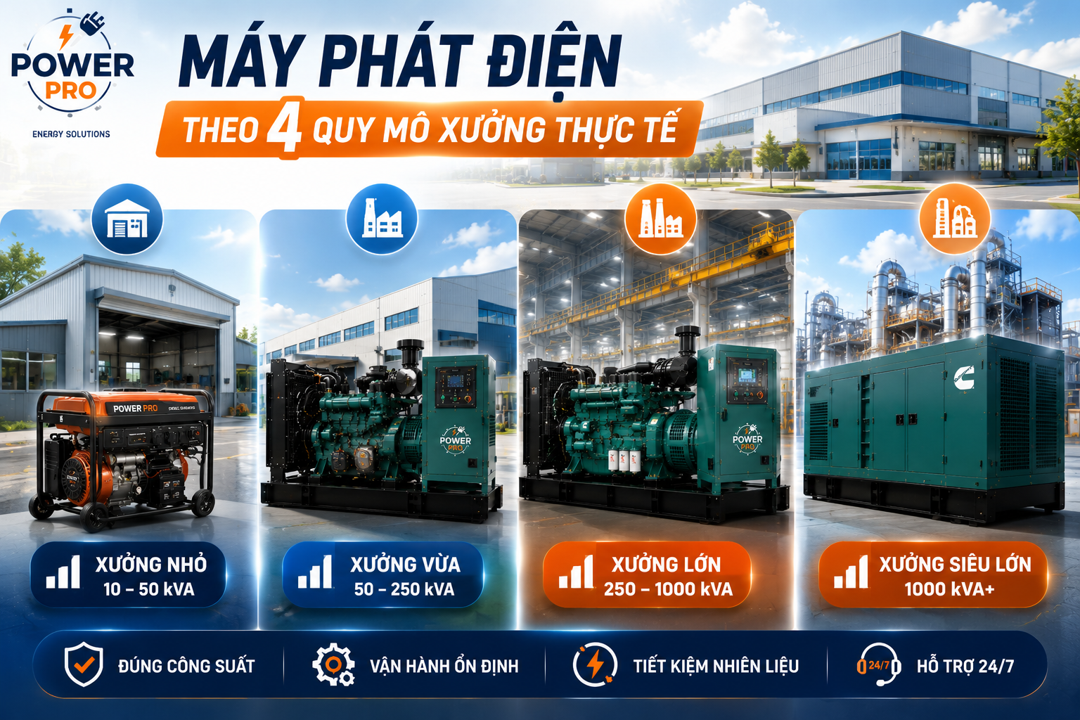 Máy phát điện Theo 4 Quy Mô Xưởng Thực Tế | Power Pro