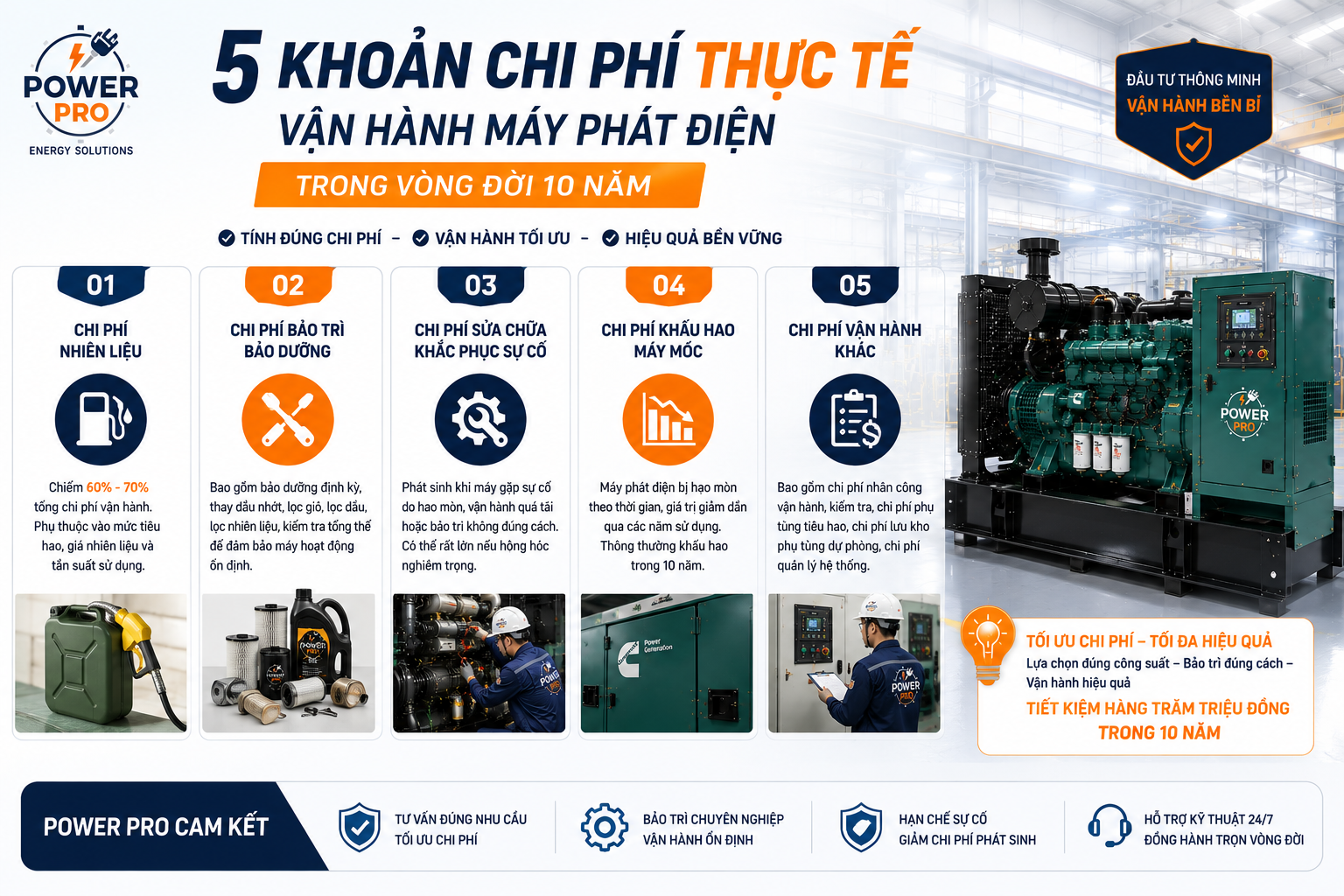 5 Khoản Chi Phí Thực Tế vận hành máy phát điện Trong Vòng Đời 10 Năm