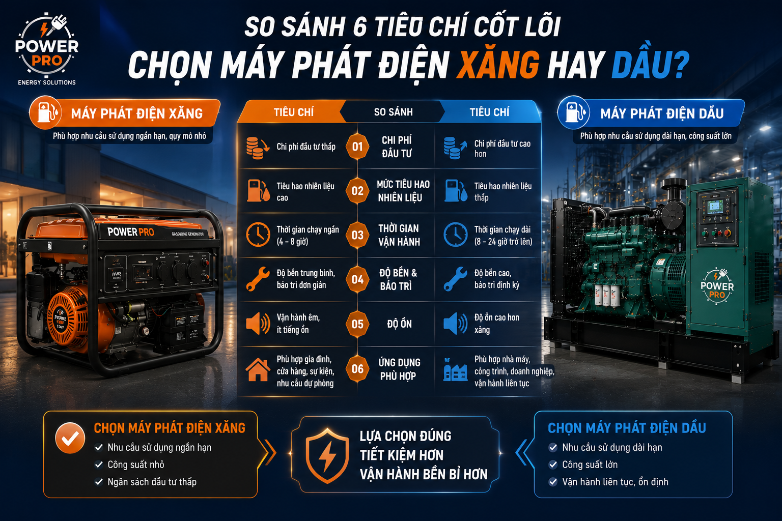 So sánh tiêu chí chọn MPĐ Xăng hay Dầu | Power Pro
