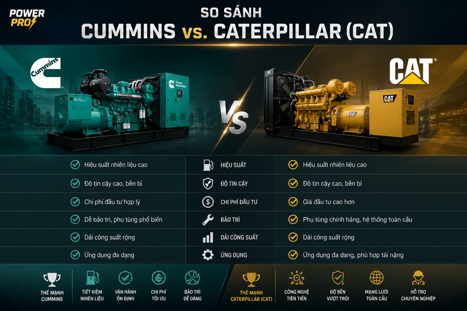 So sánh máy phát điện Cummins với Caterpillar (CAT)