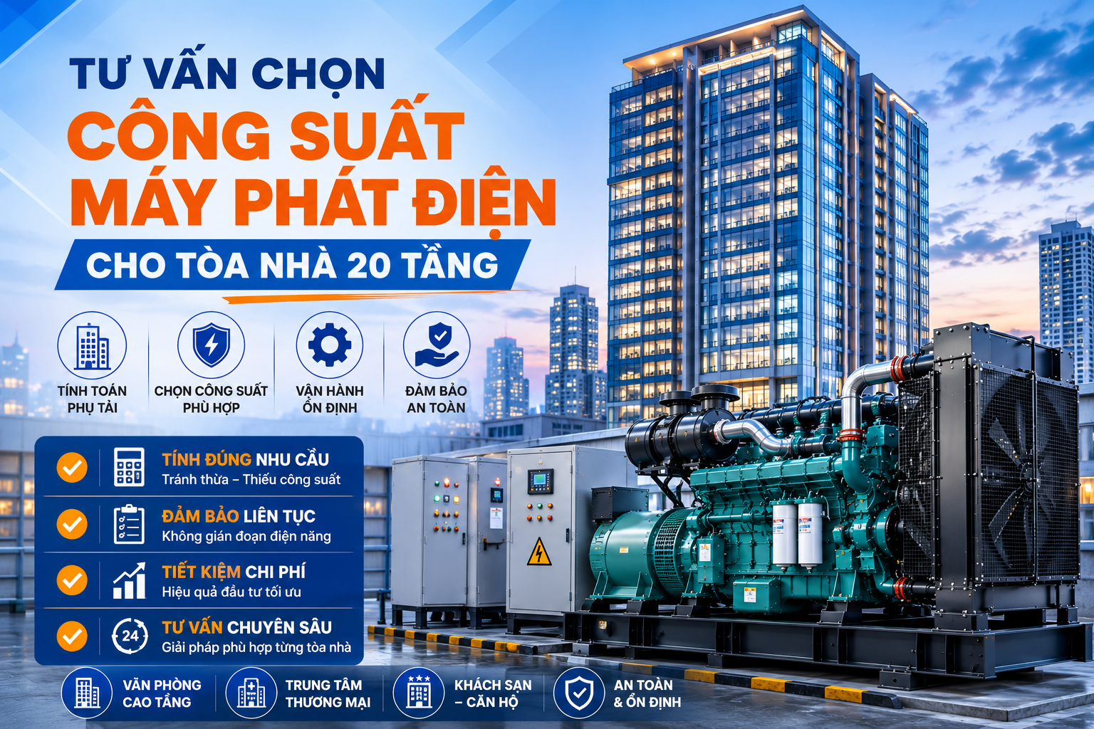 Tư vấn chọn công suất Máy Phát Điện cho tòa nhà 20 tầng