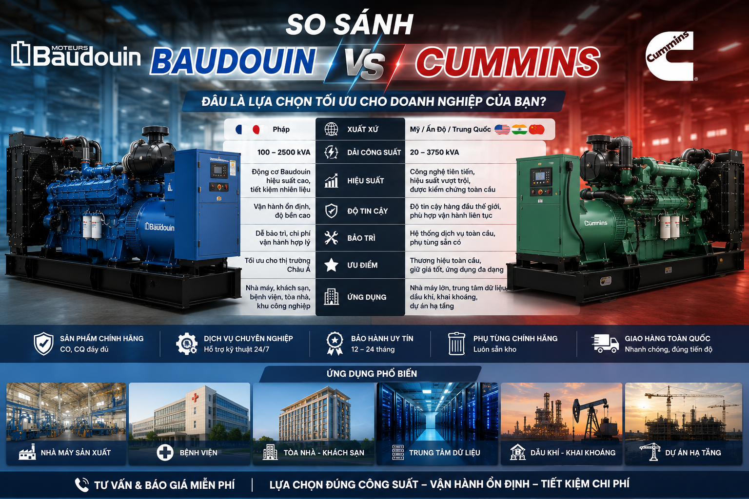 So Sánh Máy Phát Điện Baudouin Và Cummins: 7 Tiêu Chí Thực Chiến Để Chọn Đúng Cho Dự Án Của Bạn
