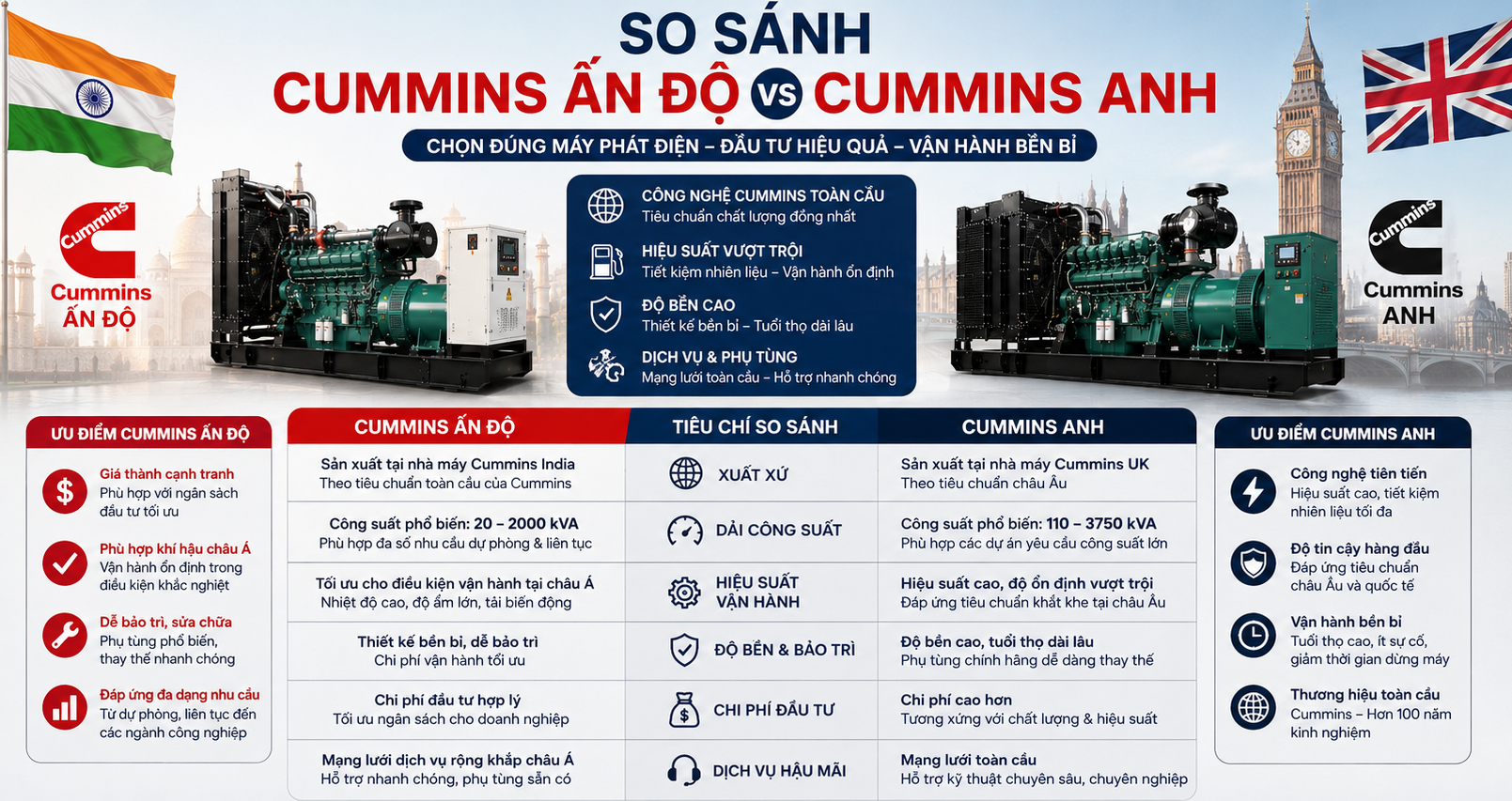 So Sánh Máy Phát Điện Cummins Ấn Độ Và Cummins Anh