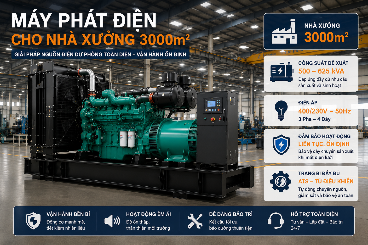 Máy Phát Điện Cho Nhà Xưởng 3000m2