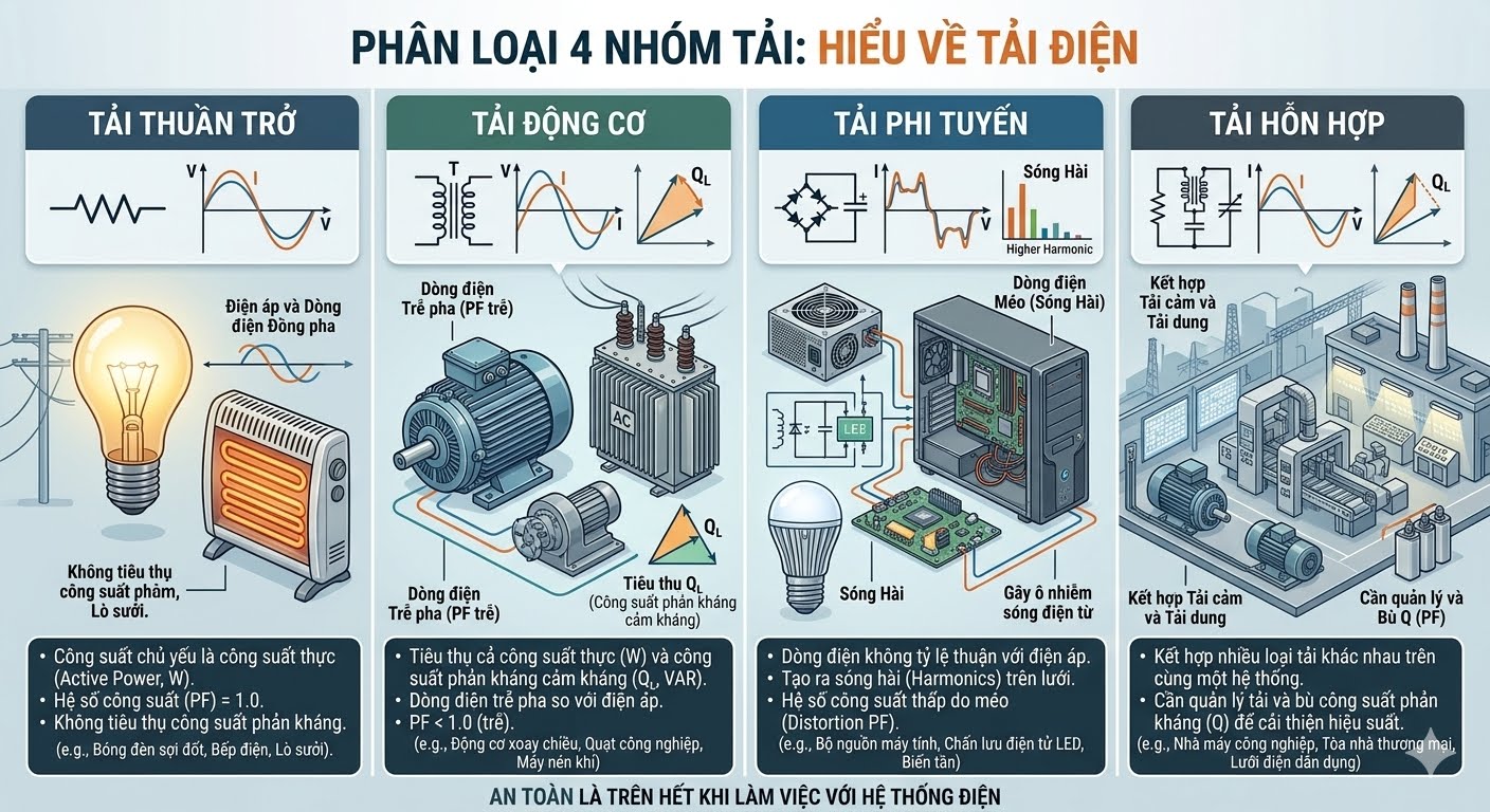 Phân Loại 4 Nhóm Tải: Tải Thuần Trở, Tải Động Cơ, Tải Phi Tuyến, Tải Hỗn Hợp