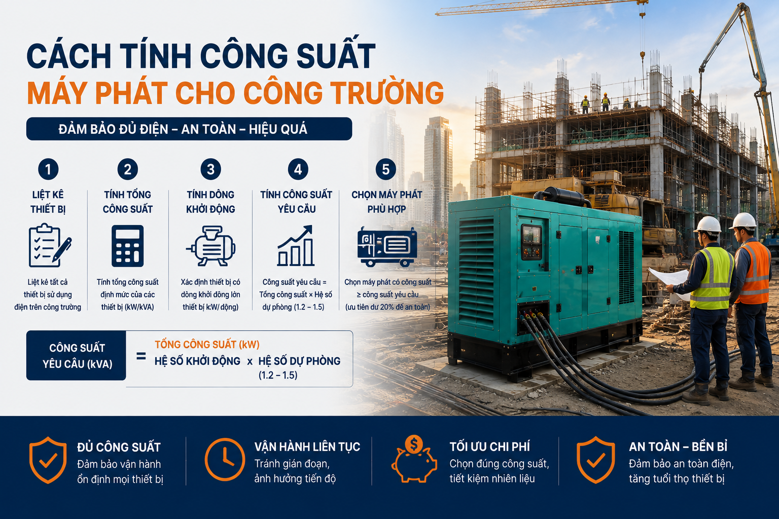 Cách tính công suất máy phát cho công trường