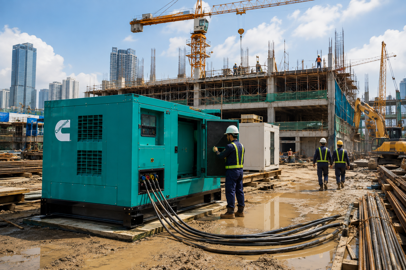 Cho thuê máy phát điện công trường xây dựng: máy chịu bụi IP54, tải đột biến máy hàn và cẩu tháp