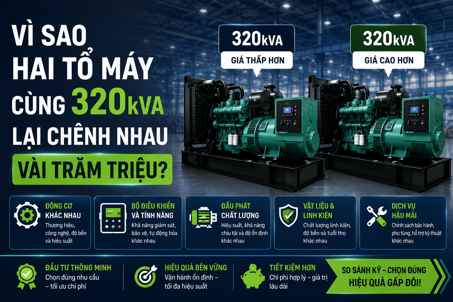 Vì sao hai tổ máy cùng 320kVA lại chênh nhau vài trăm triệu