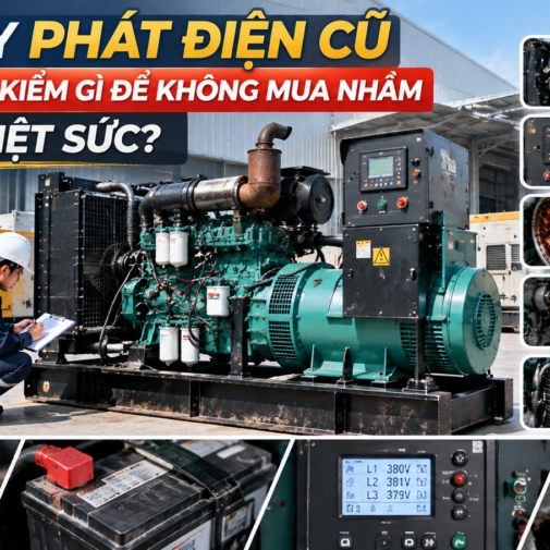 Kỹ sư kiểm tra tổ máy phát điện cũ trước khi mua: động cơ, bảng điều khiển, đầu phát, nhiên liệu, làm mát