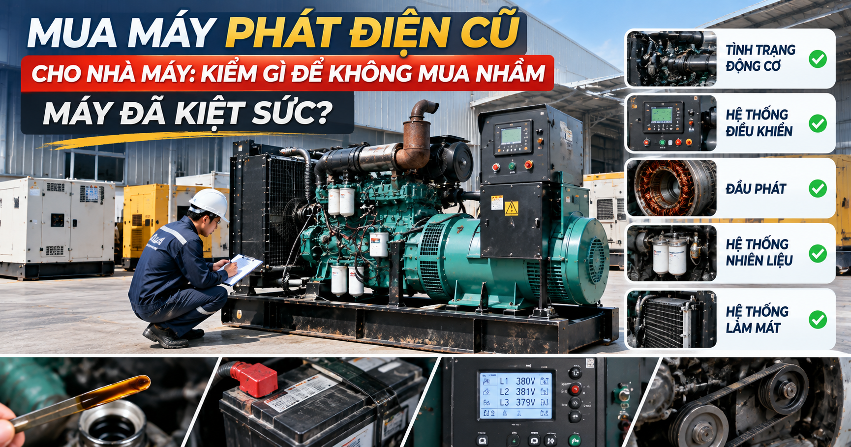 Kỹ sư kiểm tra tổ máy phát điện cũ trước khi mua: động cơ, bảng điều khiển, đầu phát, nhiên liệu, làm mát