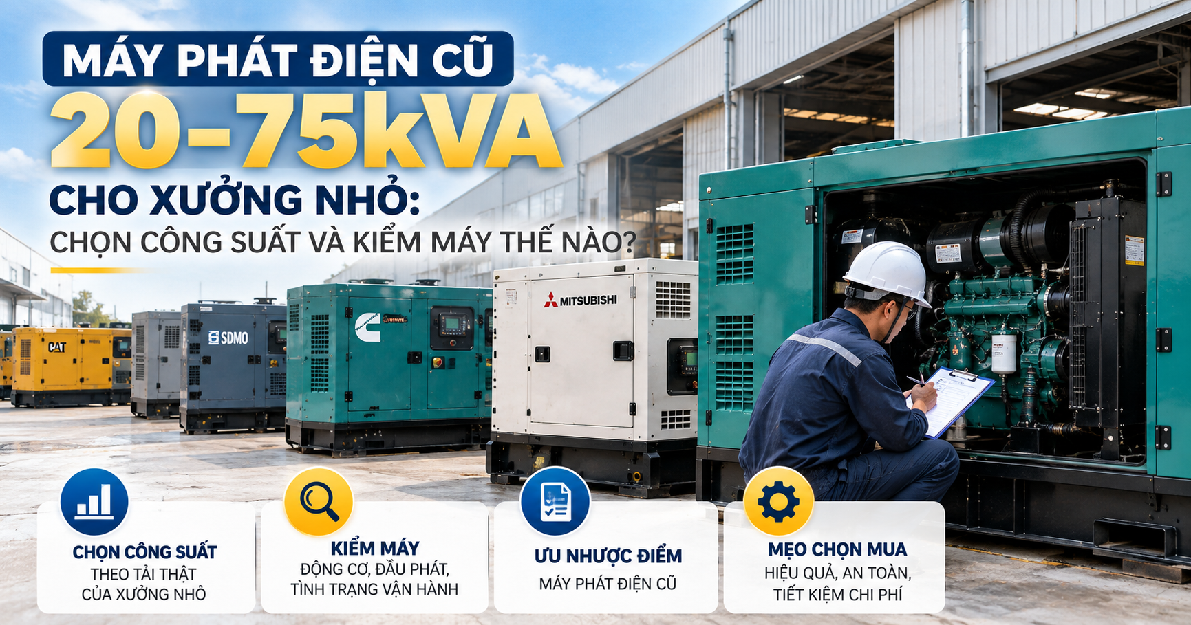 Máy phát điện cũ 20–75kVA cho xưởng nhỏ: kỹ sư kiểm tra động cơ tổ máy trước khi mua, chọn công suất và kiểm máy