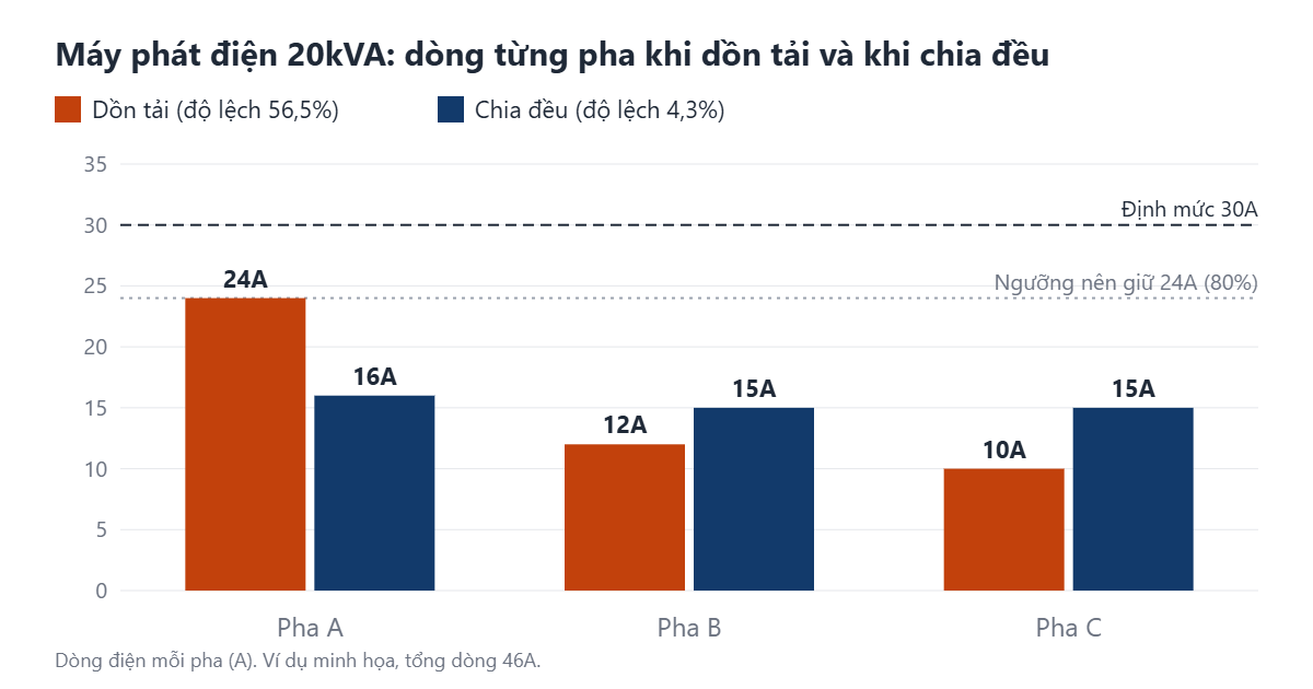 Biểu đồ dòng điện từng pha trên máy phát điện 20kVA: dồn tải một pha lệch 56,5%, chia đều ba pha lệch 4,3%