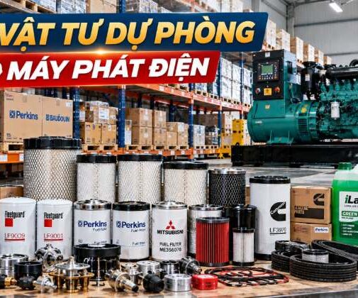 Kho vật tư dự phòng cho máy phát điện: lọc, nhớt, nước làm mát, dây curoa và phụ tùng xếp theo từng dòng động cơ