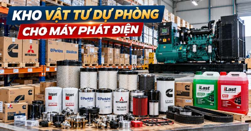 Kho vật tư dự phòng cho máy phát điện: lọc, nhớt, nước làm mát, dây curoa và phụ tùng xếp theo từng dòng động cơ