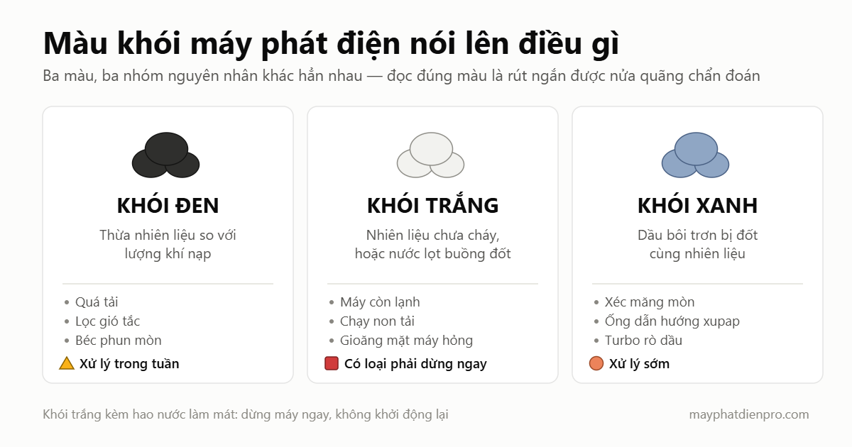 Bảng tra ba màu khói máy phát điện: khói đen do thừa nhiên liệu, khói trắng do nhiên liệu chưa cháy hoặc nước lọt buồng đốt, khói xanh do dầu bôi trơn bị đốt