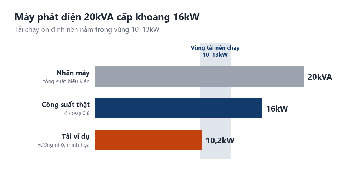 Máy phát điện 20kVA cấp khoảng 16kW, vùng tải nên chạy 10–13kW, tải ví dụ xưởng nhỏ 10,2kW