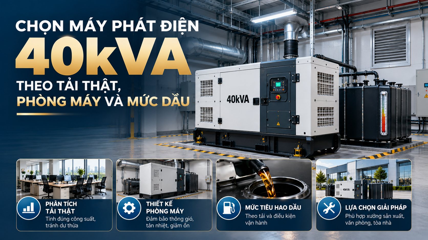 Chọn máy phát điện 40kVA theo tải thật, phòng máy và mức dầu
