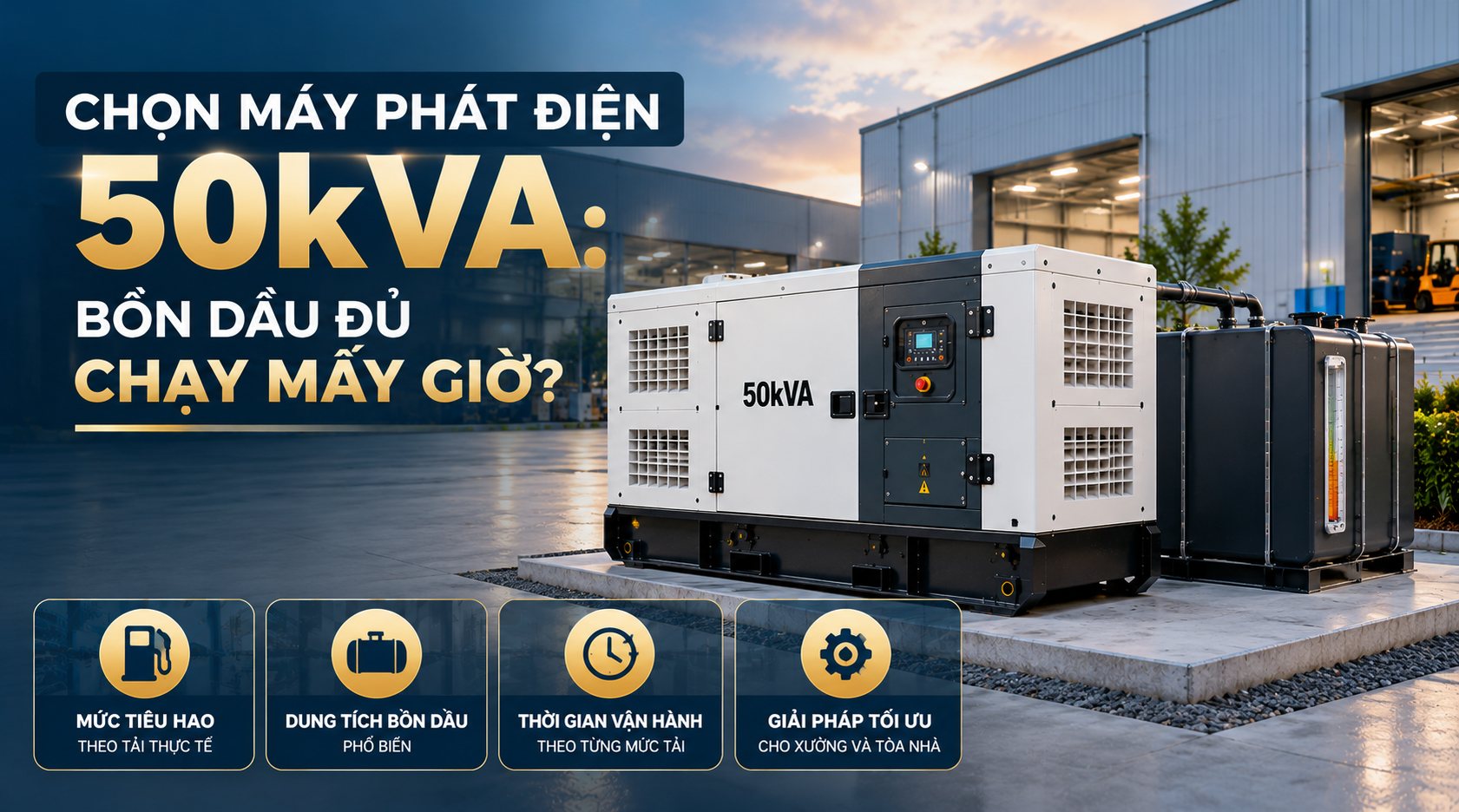 Máy phát điện 50kVA: bồn dầu đủ chạy mấy giờ