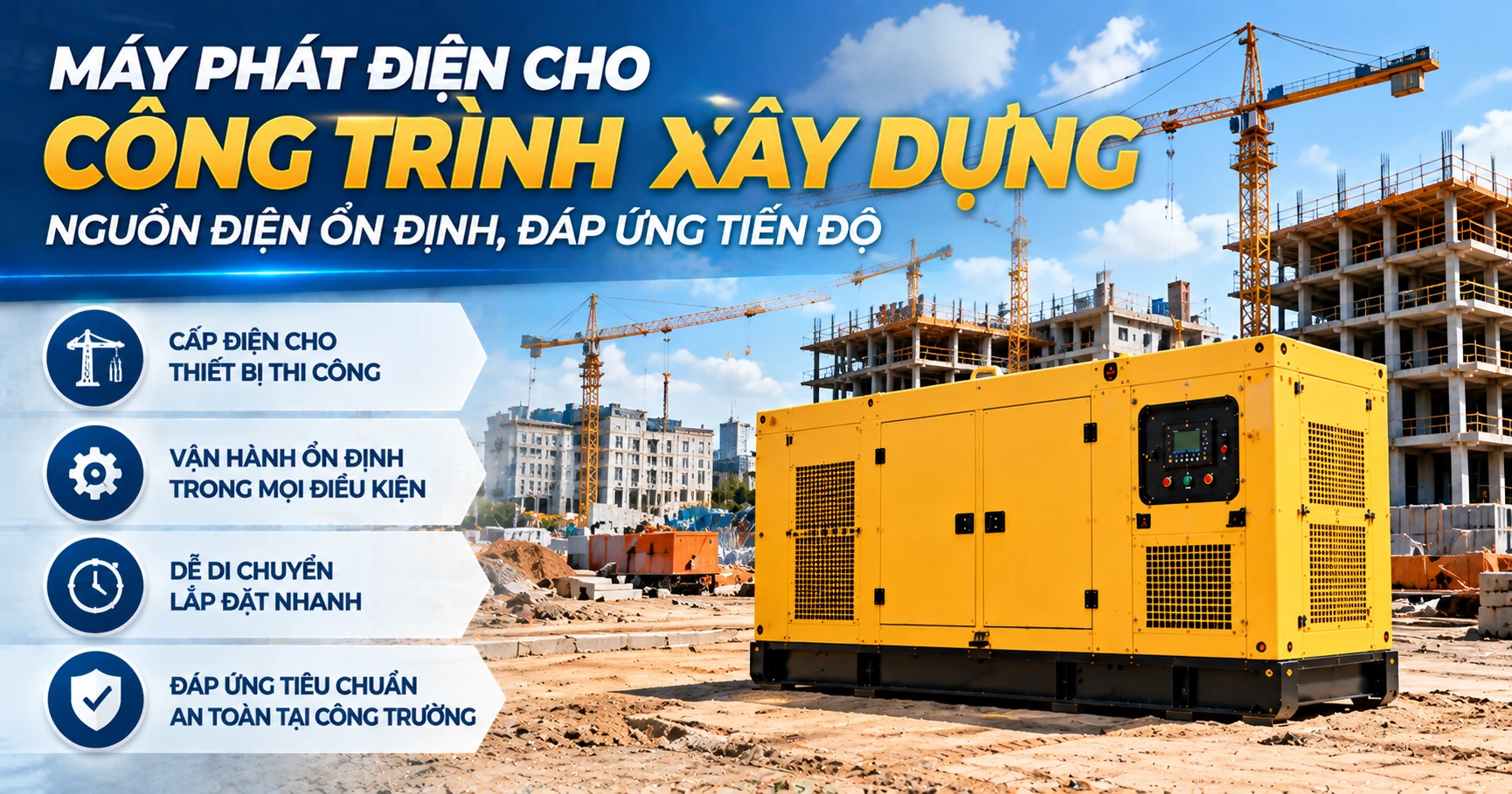 Máy phát điện cho công trình xây dựng: nguồn điện ổn định, đáp ứng tiến độ