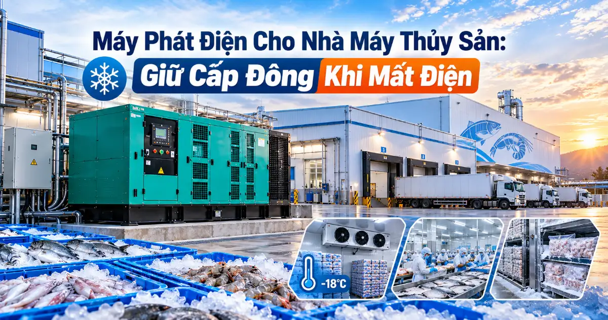 Máy phát điện cho nhà máy thủy sản: tổ máy phát dự phòng giữ cấp đông và kho lạnh -18°C