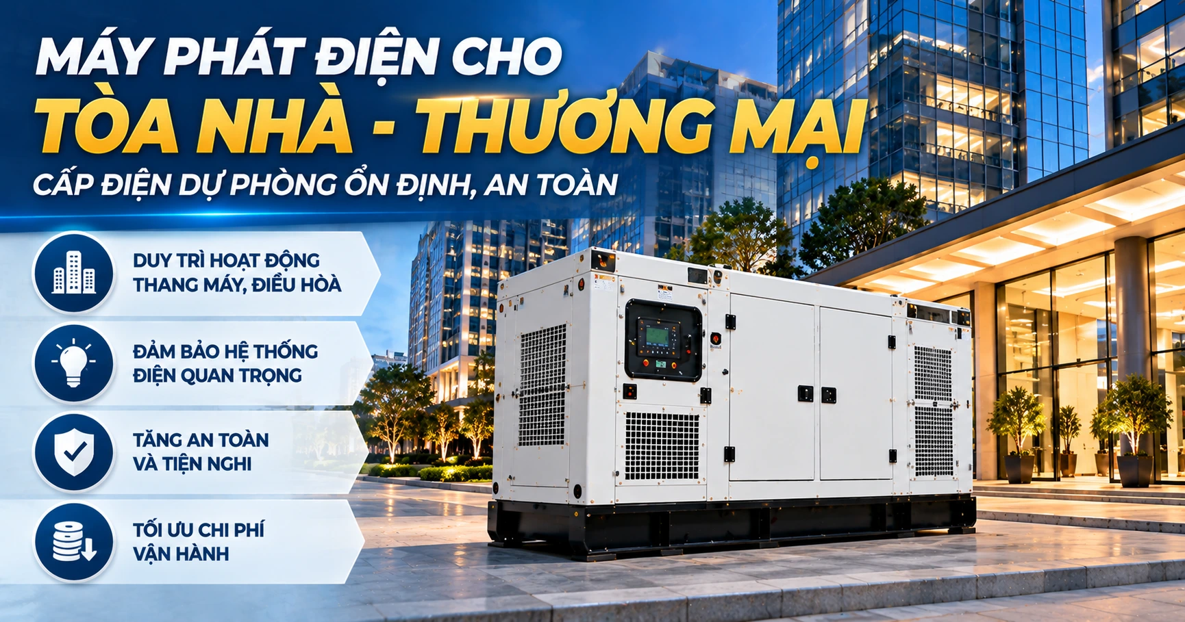 Máy phát điện cho tòa nhà – thương mại: cấp điện dự phòng ổn định, an toàn